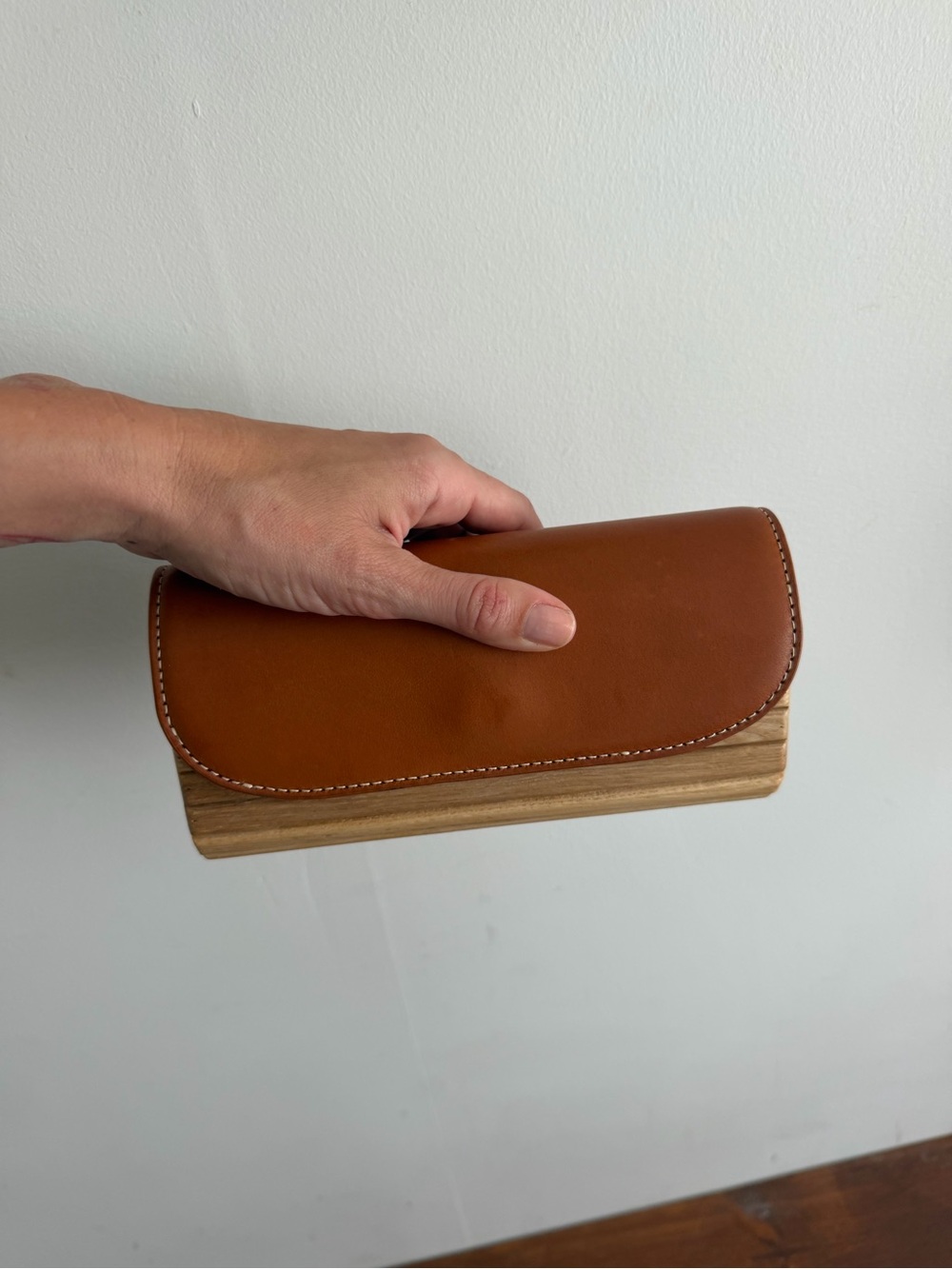 J. McLaughlin Natural Wood Clutch with Blue Stripe Lining